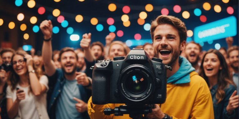 Excited participants in a colorful GIF contest banner.