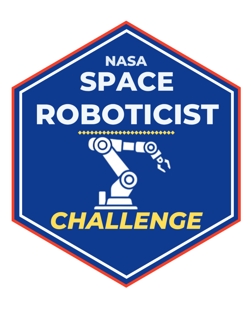 Blue hexagonal badge for the NASA Space Roboticist Challenge with a white robotic arm illustration.